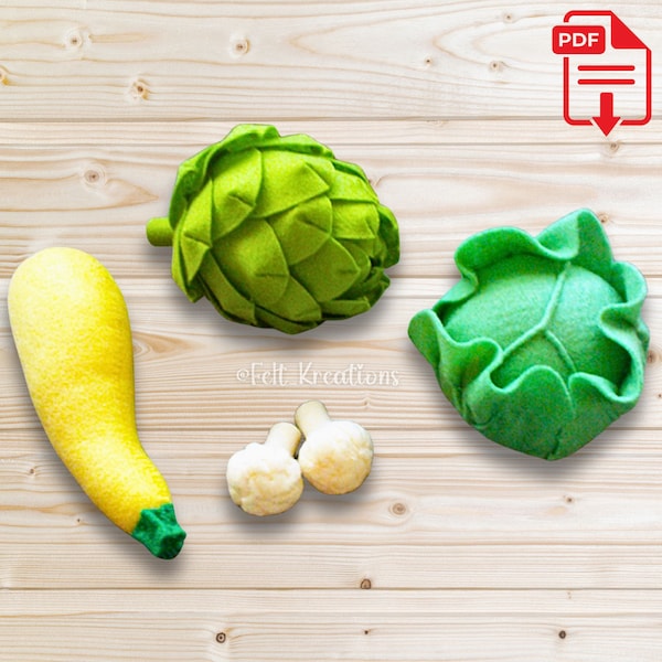 Felt Vegetable Pattern Set IV - Cabbage Artichoke Yellow Squash Cauliflower Felt Tutorial - PDF Felt Food Patterns Ebook (Instant Download)