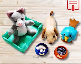 Felt Animal Pattern - Felt Dog Cat Bird Plush Pet Shop DIY Felt Sewing Pattern and Tutorial Felt Gift for Kids PDF Ebook (Instant Download)