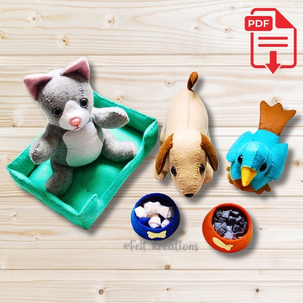 Felt Animal Pattern - Felt Dog Cat Bird Plush Pet Shop DIY Felt Sewing Pattern and Tutorial Felt Gift for Kids PDF Ebook (Instant Download)