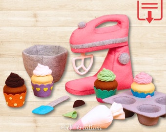 Felt Baking Pattern Set - Felt Mixer Cupcake Spatula Felt Food Pattern Tutorials DIY Gift for Toddler PDF Sewing Patterns (Instant Download)