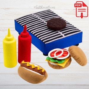 May include: Felt play food set for pretend play, including a blue grill, a hamburger, a hot dog, ketchup and mustard bottles, and a bun.  The set is perfect for kids who love to play pretend.