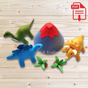 Felt Dinosaurs Pattern Tutorial Set - Stegosaurus Triceratop Brontosauru Volcano Felt Toy Pattern PDF Felt Sewing Pattern (Instant Download)