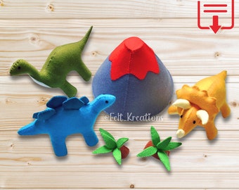 Felt Dinosaurs Pattern Tutorial Set - Stegosaurus Triceratop Brontosauru Volcano Felt Toy Pattern PDF Felt Sewing Pattern (Instant Download)