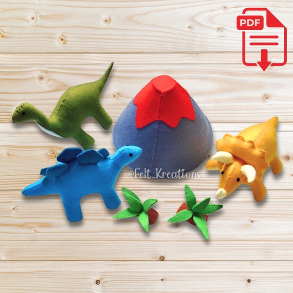 Vilt Dinosaurs Patroon Tutorial Set - Stegosaurus Triceratop Brontosauru Vulkaan Vilt Speelgoed Patroon PDF Vilt Naaipatroon (Instant Download)