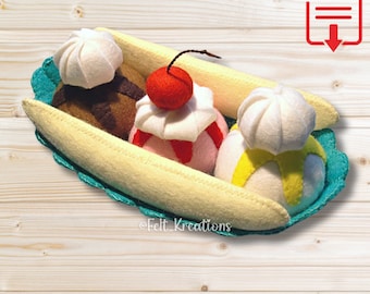 Felt Ice Cream Sundae Banana Split Pattern Set - Handmade Role Playing Toys DIY Felt Tutorials PDF Sewing Patterns Ebook (Instant Download)