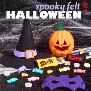 May include: Spooky felt Halloween decorations including a witch's hat, a jack-o'-lantern, a candy bar, and a mask. The decorations are on a black background with a spider web pattern.