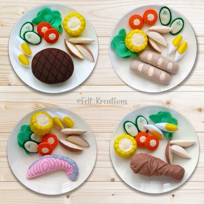 Felt western food pattern chicken leg steak salmon sausages potato wedges corn cob felt pretend play food felt sewing patterns tutorial