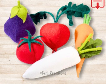 Felt Vegetables Set V Felt Pattern Tutorial - Raddish Eggplant Tomato Carrot Chef Kitchen Pretend Play PDF Sewing Pattern (Instant Download)