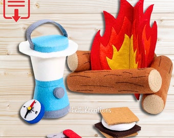 Felt Camping Pattern Set - Felt Toy Campfire Marshmallow S'more Lantern Compass with Tutorials PDF Sewing Patterns Ebook (Instant Download)