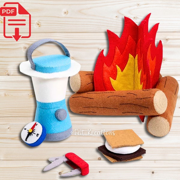 Felt Camping Pattern Set - Felt Toy Campfire Marshmallow S'more Lantern Compass with Tutorials PDF Sewing Patterns Ebook (Instant Download)