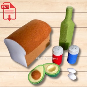 Felt Bread and Avocado Pattern Set - Felt Bread Loaf Olive Oil Felt Play Food Patterns Tutorials PDF Felt Sewing Pattern (Instant Download)