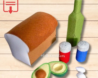 Felt Bread and Avocado Pattern Set - Felt Bread Loaf Olive Oil Felt Play Food Patterns Tutorials PDF Felt Sewing Pattern (Instant Download)