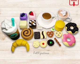 Felt Food Pattern Coffee Shop Tea Party Pattern Tutorial Set Frappuccino Donut Cinnamon Roll Croissant Petite Four PDF Ebook Sewing Patterns