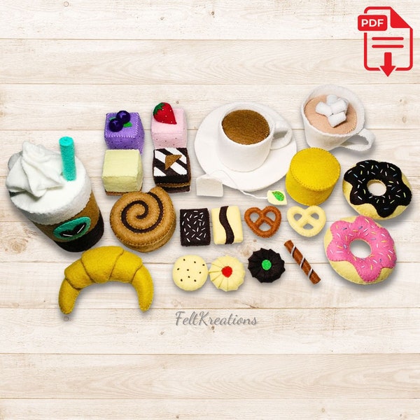 Felt Food Pattern Coffee Shop Tea Party Pattern Tutorial Set Frappuccino Donut Cinnamon Roll Croissant Petite Four PDF Ebook Sewing Patterns