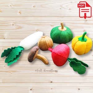 Felt Vegetables Pattern Set II Radish Pumpkin Sweet Pepper Mushroom Onion Felt Food Pattern PDF Ebook Felt Sewing Pattern (Instant Download)