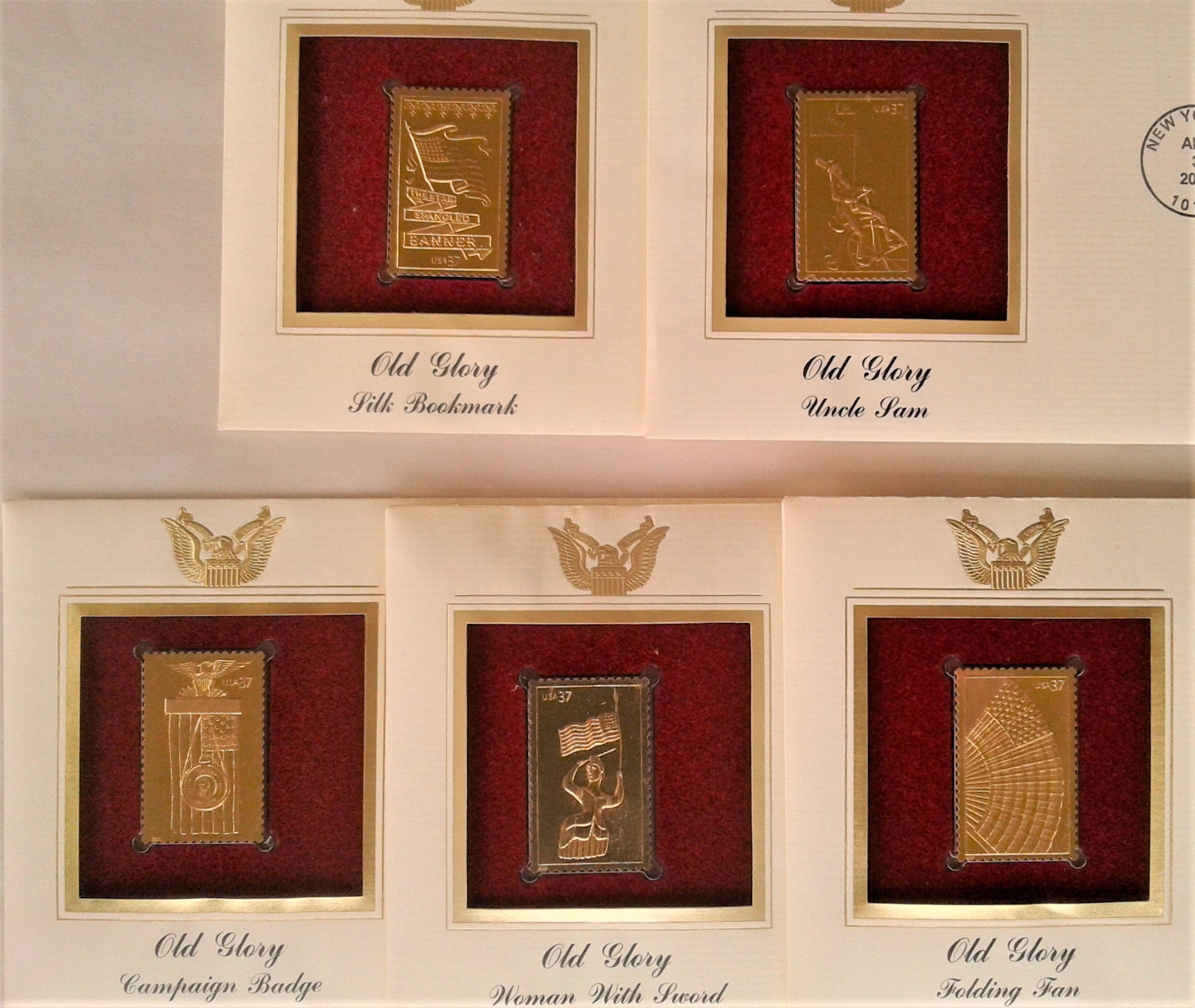 Old Glory First Day Issue Golden Replica Stamps, 5 Piece Set