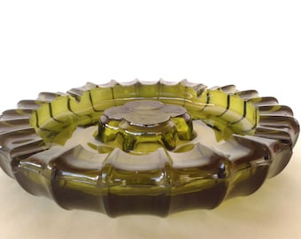 Fostoria Coin Glass Double Ashtray, Olive Green, 10 Inches - Free US Shipping