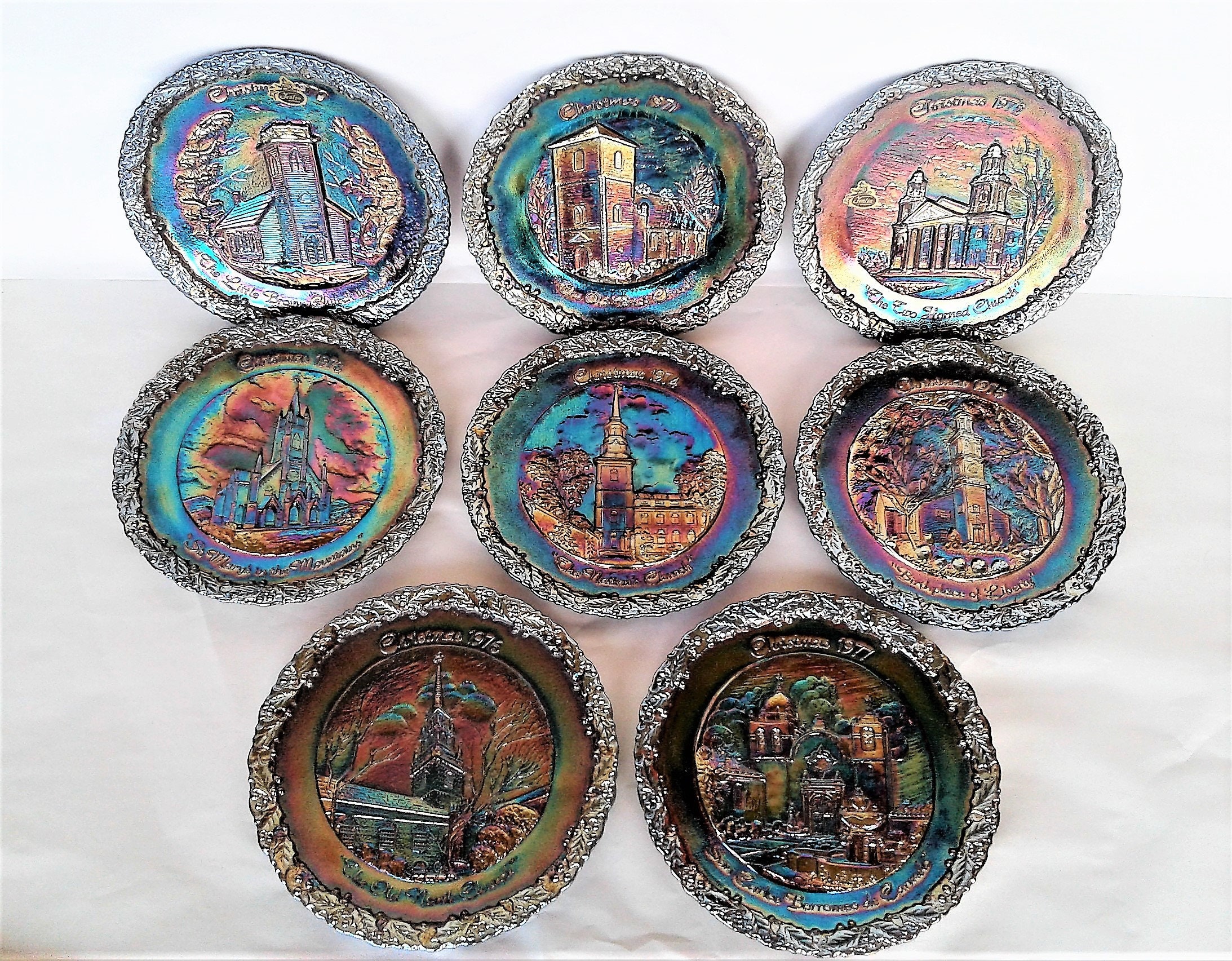 Fenton Carnival Glass Plate Set, Christmas In America 1 to 8, Storage