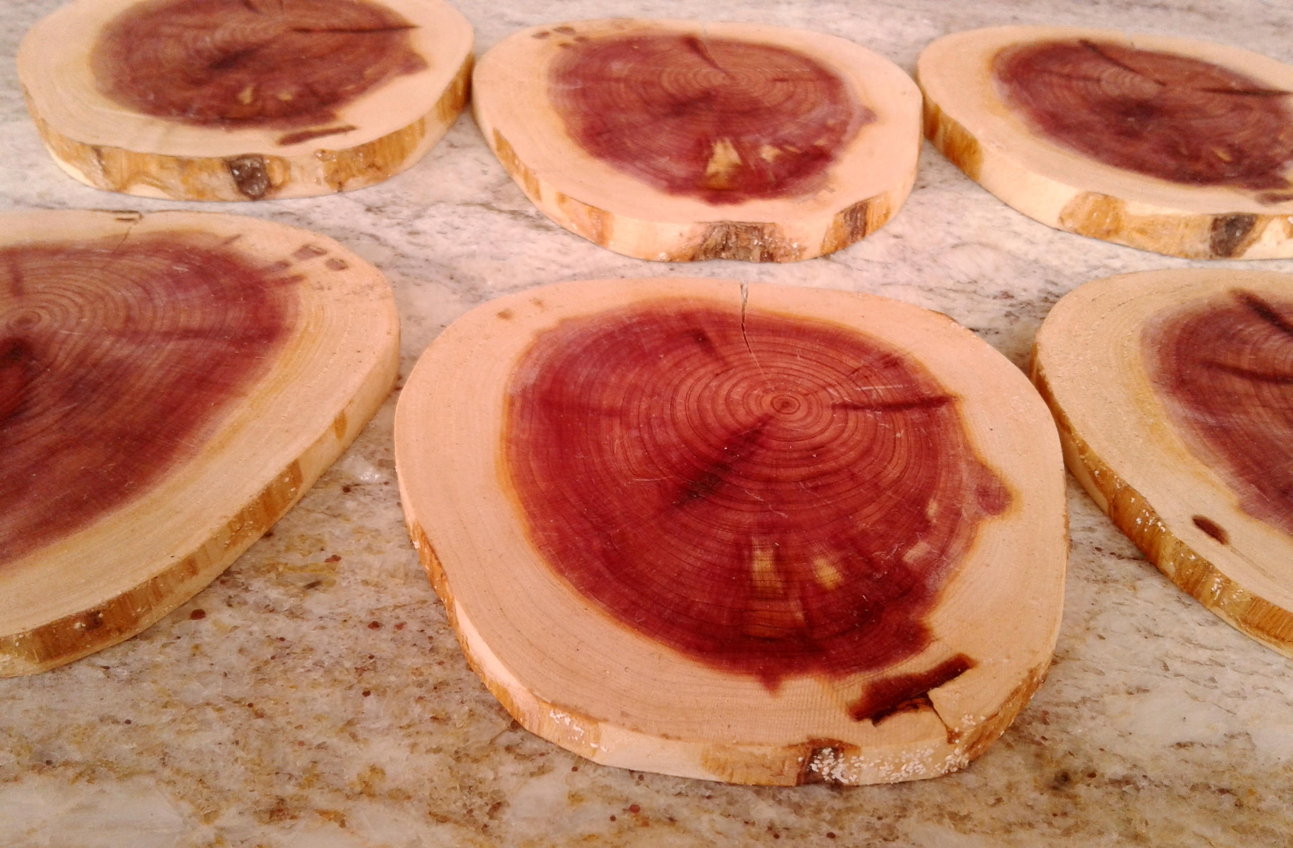 6 Waxed Red Cedar Slices, Vibrant Heartwood Color, US SHIPPING INCLUDED