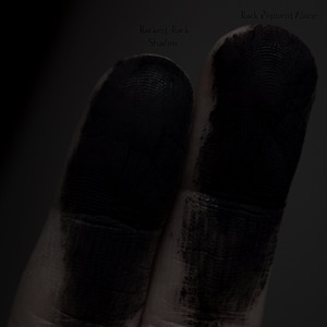 May include: A close-up image showing two fingers coated in black pigment. The left finger is labelled "Blackest Black Shadow", the right finger "Black Pigment Alone". The dark background highlights the black pigment on the fingers.