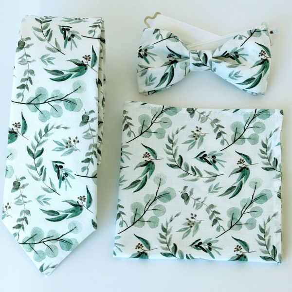 Sage eucalyptus bow tie necktie pocket square, green floral bowtie,  floral sage green men boys wedding necktie, dusty green bow tie grooms