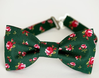 Green floral bow tie, wedding bow tie, grooms, groomsmen bow tie, kids ringboy bow tie, green and pink bow tie, roses bowtie, pocket square