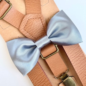 Dusty blue satin bow tie and vegan tan leather suspenders set, rustic wedding, grooms mens boys bow tie, ring bearer outfit, bowtie, bowties