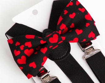 Valentine's Day bow tie and suspenders set, mens, adult, boys, kids bowtie, hearts bow tie, black red bow tie, love bow tie, gift for him