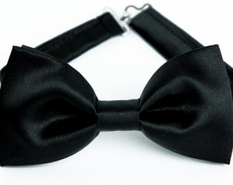 Black satin bow tie, wedding mens black silky bow tie and pocket square set, black satin necktie, black solid bowtie, grooms, groomsmen