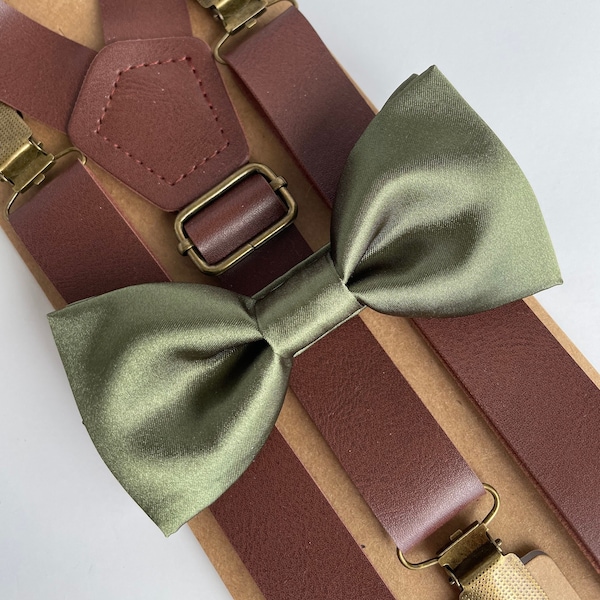 Olive satin bow tie and brown leather suspenders set, rustic boho wedding, grooms mens boys bow tie, ring bearer outfit, bowtie, bowties