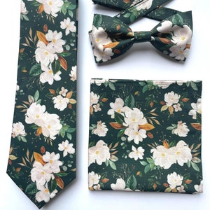 Green floral necktie, bow tie, pocket square, emerald green wedding tie for men and boys, groomsmen floral necktie, rustic wedding bowtie