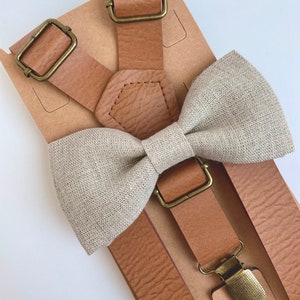 Natural linen bow tie and tan faux leather suspenders set, vintage rustic wedding, grooms mens boys  dusty rose bow tie, ring boy outfit
