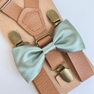 Dusty sage satin bow tie and tan suspenders set, rustic wedding, grooms mens boys bow tie, ring bearer outfit