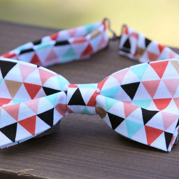 Triangles bow tie, Geometric bow tie, boys bow tie, mens bow tie, coral mint gold bow tie