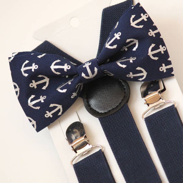 Bow Tie & Suspenders SET, navy suspenders for boys, mens nautical anchors bow tie, toddler outfit, kid's suspenders