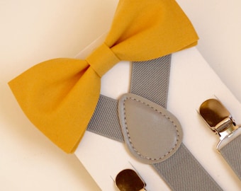 Bow Tie & Suspenders SET, mustard yellow bow tie, gray boy's suspenders, kid's suspenders, wedding outfit, ringboy outfit, ringbearer bowtie