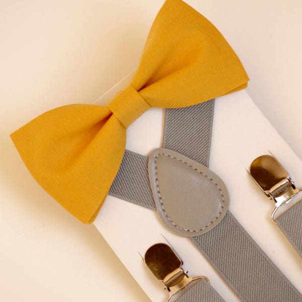 Bow Tie & Suspenders SET, mustard yellow bow tie, gray boy's suspenders, kid's suspenders, wedding outfit, ringboy outfit, ringbearer bowtie