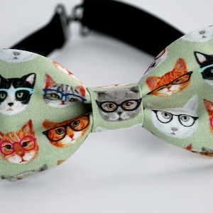 May include: A green bow tie with a pattern of cats wearing glasses. The bow tie is made of fabric and has an elastic band.