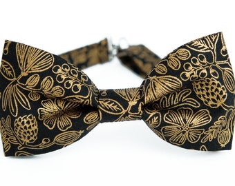 Black metallic gold floral mens bow tie, black and gold bow tie, wedding bowtie, grooms groomsmen floral tie, gift for him, boho rustic bow