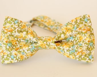 Yellow blue floral bow tie, mens floral bow tie, wedding bow tie, grooms groomsmen bowtie, ringboy ringbearer bow tie, yellow floral bow tie