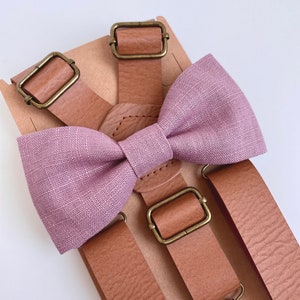 Mauve linen bow tie and tan faux leather suspenders set, vintage rustic wedding, grooms mens boys  dusty rose bow tie, ring bearer outfit