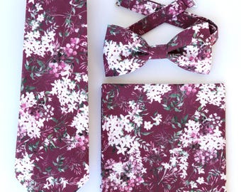 Corbata con flores de Chianti, pajarita, pañuelo de bolsillo, corbata de boda con flores de Chianti burdeos para hombre, pajarita con flores de Chianti, corbata vintage con flores