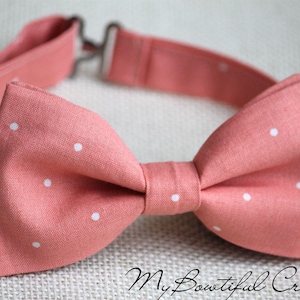 Peach coral bow tie, Peach Coral polka dot men bow tie, pre-tied bow tie, dark peach bow tie,coral wedding bow tie, peach ring bearer bowtie
