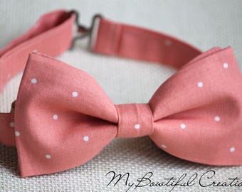 Peach coral bow tie, Peach Coral polka dot men bow tie, pre-tied bow tie, dark peach bow tie,coral wedding bow tie, peach ring bearer bowtie