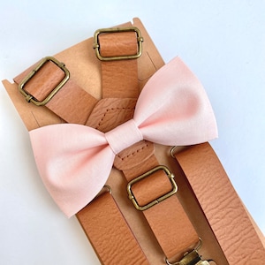 Blush bow tie and tan faux leather suspenders set, vintage rustic wedding, grooms mens boys  blush pink bow tie, ring boy outfit