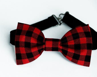 Buffalo plaid bow tie, black and red plaid bow tie, boys, kids bowtie, mens bow tie, black suspenders, Christmas bow tie, red buffalo check