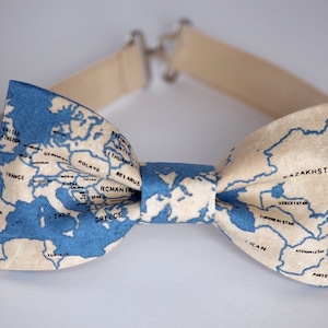 Map bow tie, world map bow tie, blue and tan bow tie, ocean bow tie, mens bow tie, travelers gift, gift for him, boys bow tie, Europe bowtie