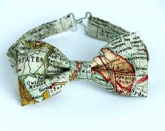 Map bow tie, mens bow tie, world map bowtie, gift for him, gift for traveler, geography bow tie, tan bow tie, globe bow tie, teacher bow tie