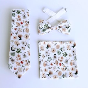 Sage brown floral necktie, bow tie, pocket square, green tan floral men&#39;s bowtie, wedding grooms groomsmen, ring boy autumn floral bow tie