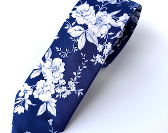 Floral Navy Necktie, blue wedding necktie, skinny wedding tie, regular tie for men, groomsmen necktie, bow tie, pocket square, gift for him